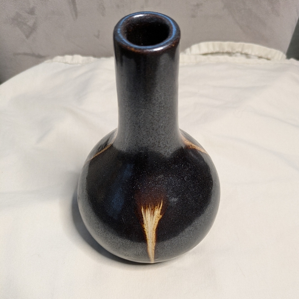 Vintage Japanese Ikebana Art Black BrownPottery Ceramic Flowers Vase